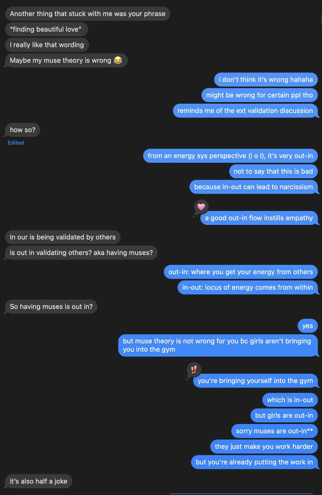 A text conversation about muse theory and out-in energy.