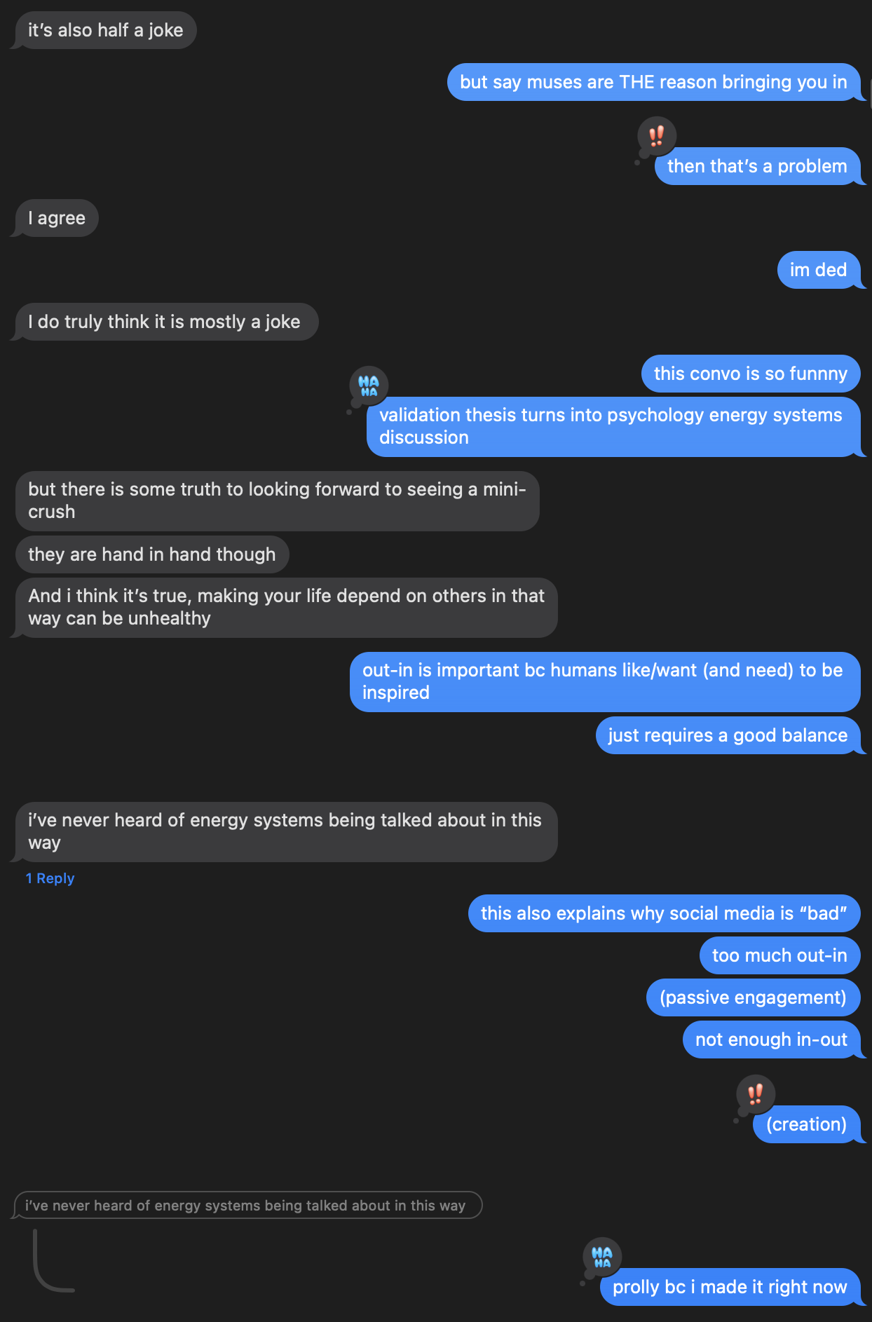 A text conversation about inspiration, social media, and creation.