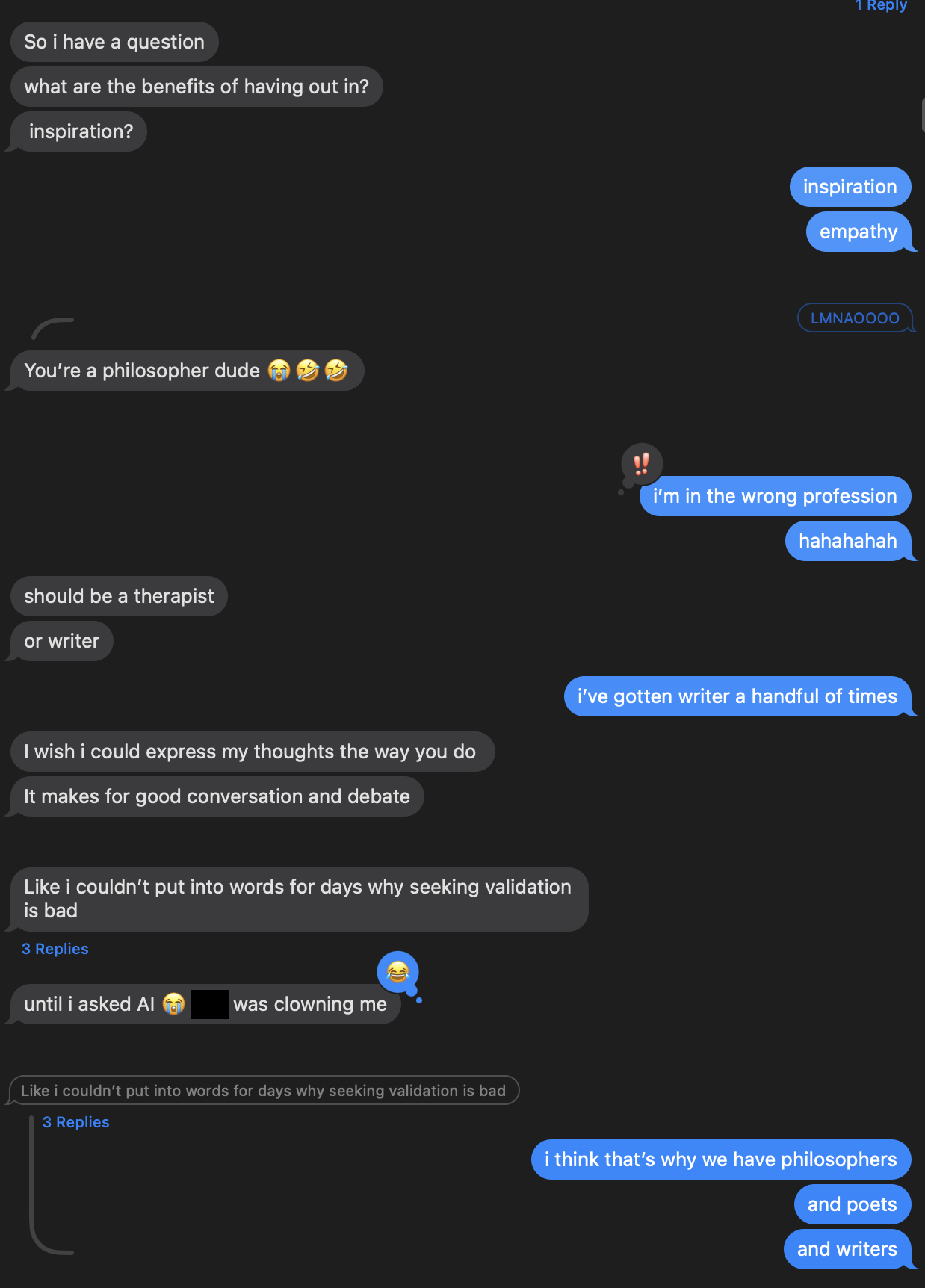 A text conversation about philosophy, writing, and expressing thoughts.