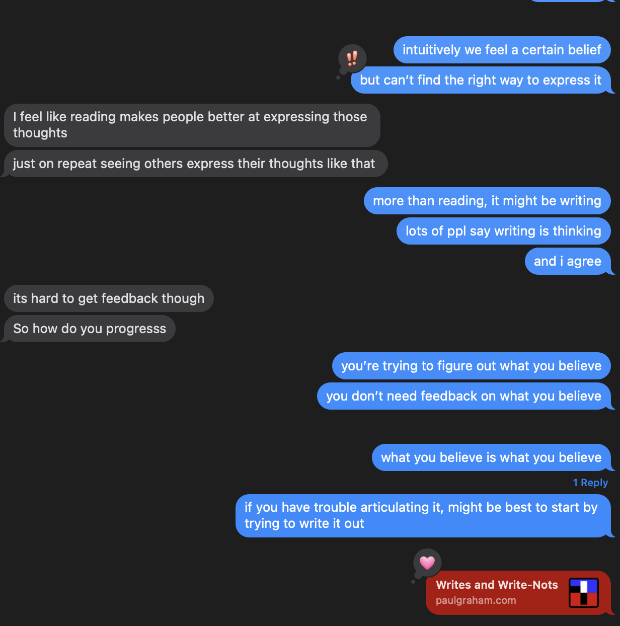 A text conversation about reading, writing, and articulation.